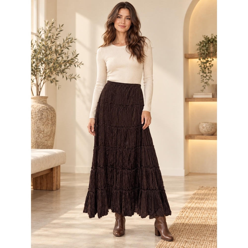 Maurices Skirt Women L Tiered Maxi Brown Boho Crinkle Velour Western Whimsigoth